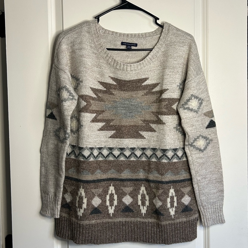 American Eagle Beige Geometric Wool Blend Sweater Aztec Tribal Women’s Size M
